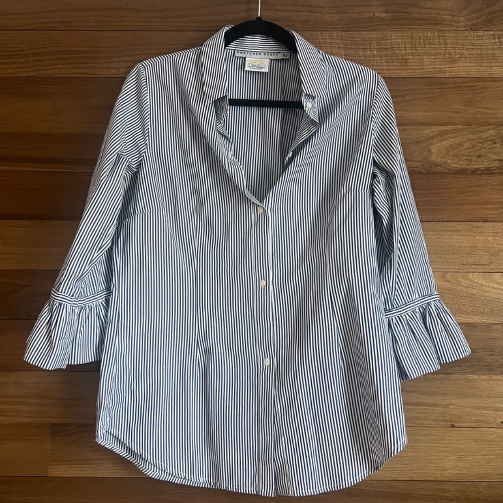 Gretchen Scott Blue & White Striped Ruffle Sleeve Priss Blouse